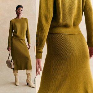 NEW Sezane Merino Wool Rib Knit Naelle Midi Skirt Olive Green Size: XS